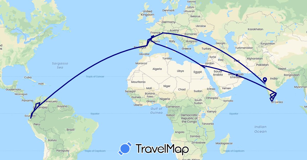 TravelMap itinerary: driving in United Arab Emirates, Switzerland, Colombia, Ecuador, Egypt, Spain, France, India (Africa, Asia, Europe, South America)